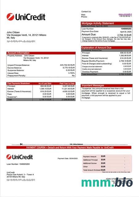 Włochy UniCredit wyciąg z kredytu hipotecznego szablon Word i PDF